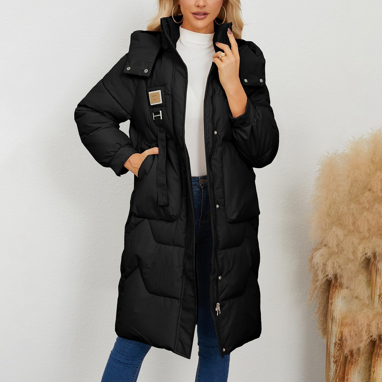Abrigo de plumas para mujer, largo de invierno, grueso, abrigo de invierno, cálido, con capucha, chaqueta de plumón, cómoda chaqueta amortiguadora, cuello alto, abrigo largo acolchado, ligero
