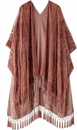 Women's Burnout Velvet Kimono Long Cardigan Cover Up with Tassel