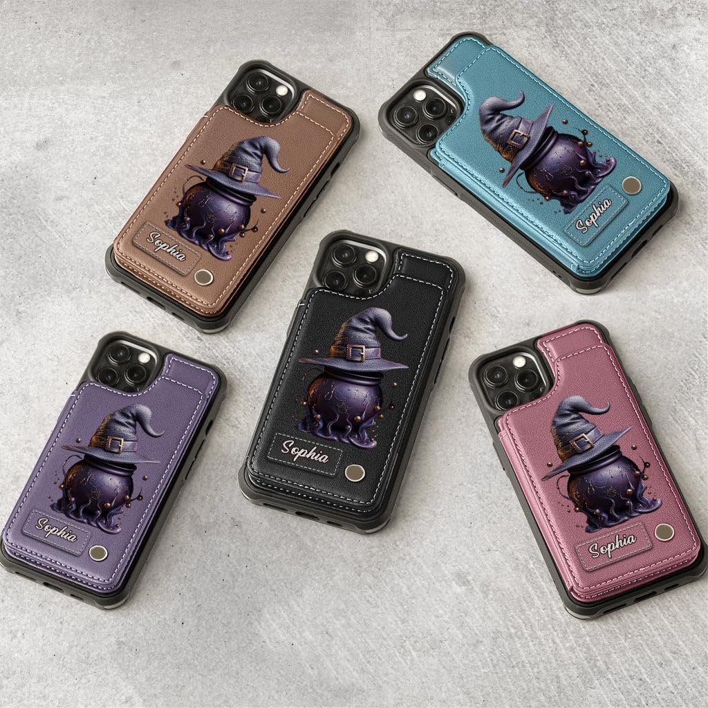 Magical Hat And Cauldron - Personalized Witch Wallet Phone Case, Halloween Birthday Gift Idea For Yourself, Women, Witch Lovers, Spooky Gothic Case For iPhone