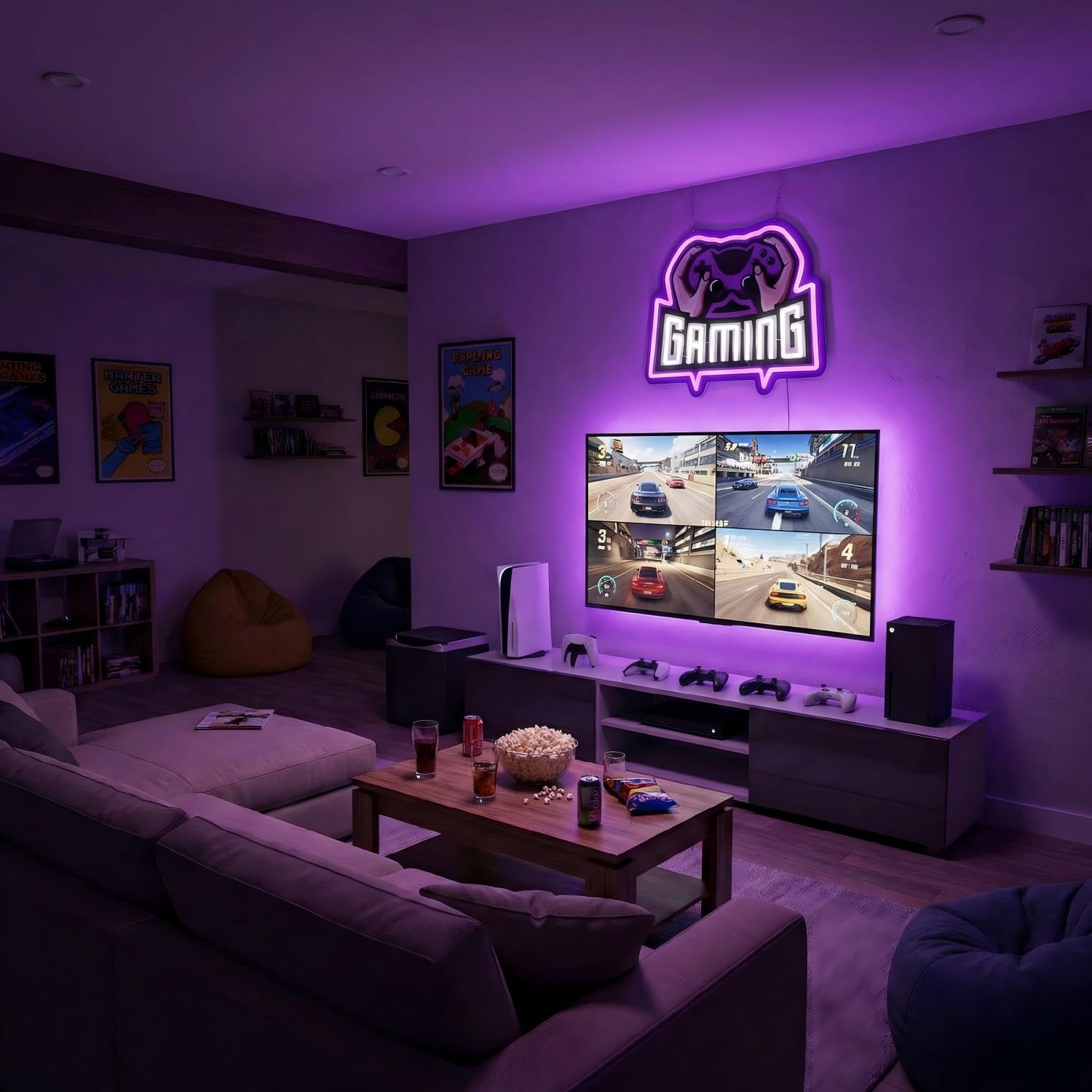 Insegna al neon per decorazione della stanza dei giochi, 36,3 x 30,2 cm, luce LED gamepad con oscuramento a 10 livelli, cartello da parete stampato UV per camera di adolescenti, USB o
