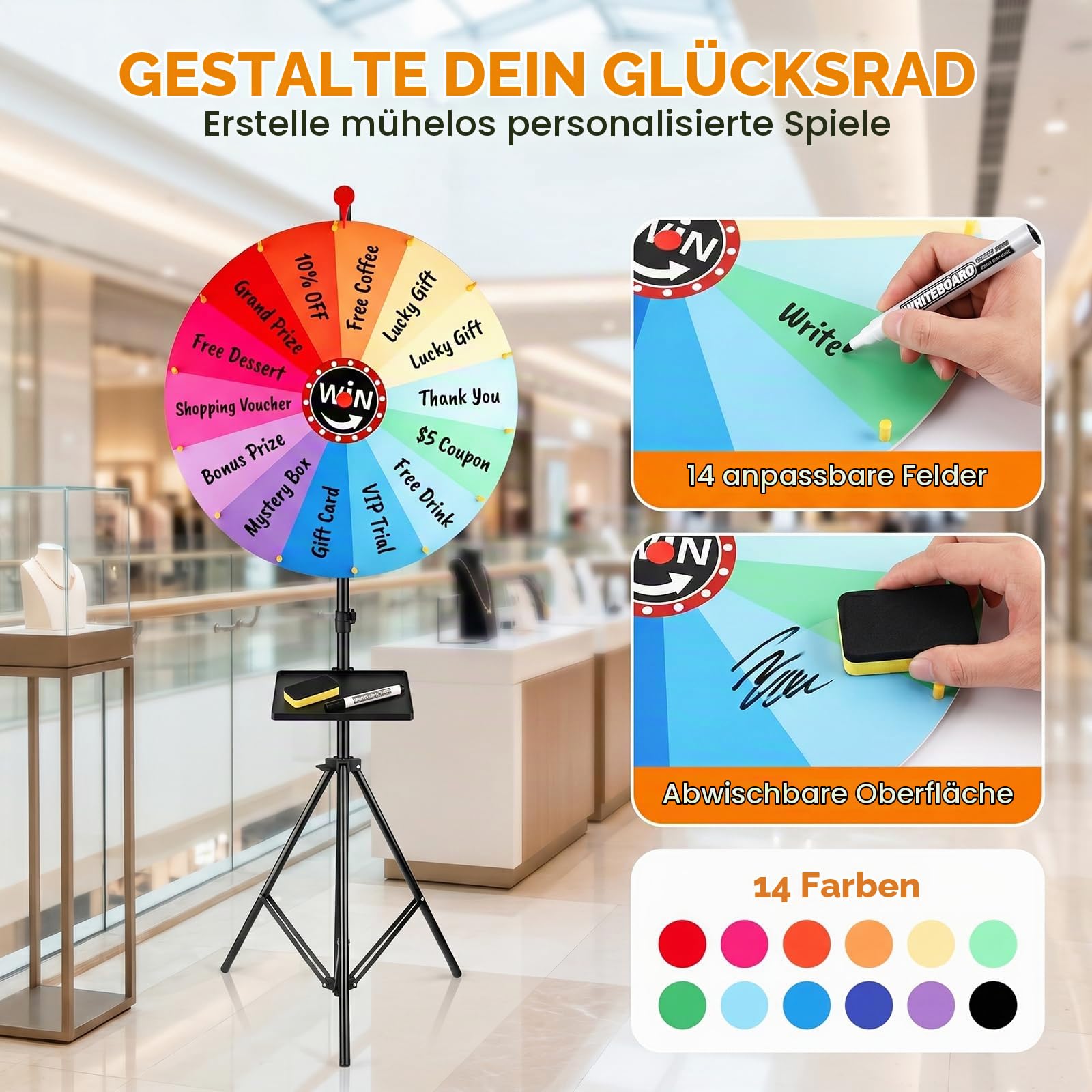 60 cm drehendes Preisrad,14 Farben, drehbares Kritzelspiel mit löschbarem Marker,verstellbar von 100 cm - 200cm, auf dem Boden stehend, verstaubares Glücksrad mit Ablage