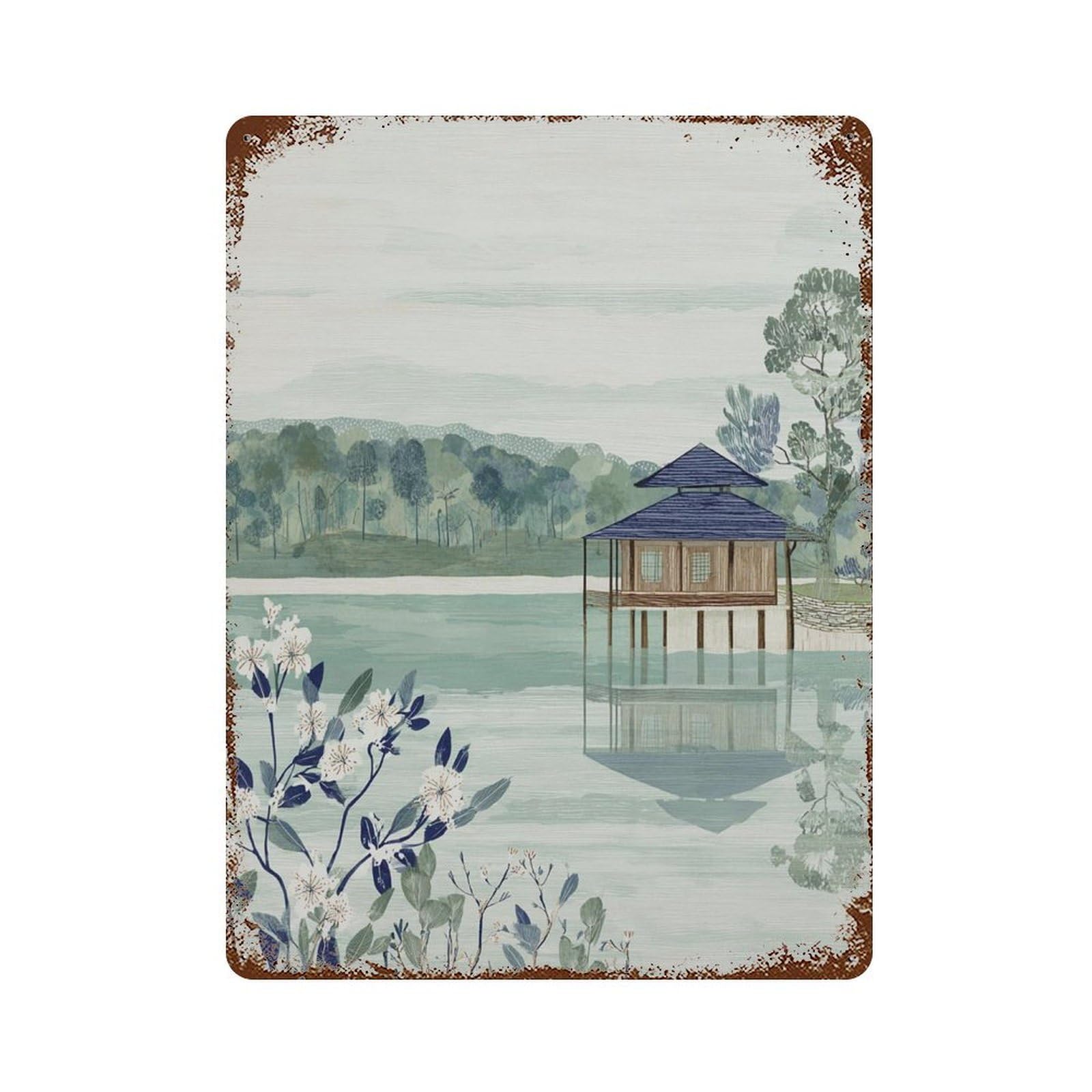 xiaoxiaoshen Blue Lake House Nature Serene Landscape Watercolor Style Minimalist Coastal Wall Decor Art Metal Tin Poster Modern Home Decor Art Home Bar Shop Decorations Vintage Sign 40x30cm