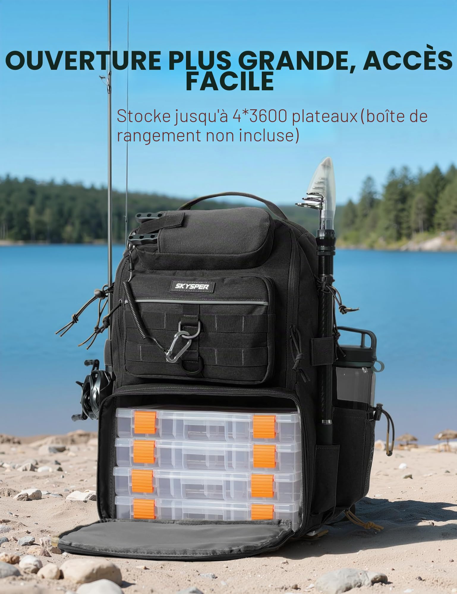 SKYSPER Sac à dos de pêche 40 L avec porte-cannes pour homme | Sac à dos de pêche avec compartiment réglable pour le matériel de pêche