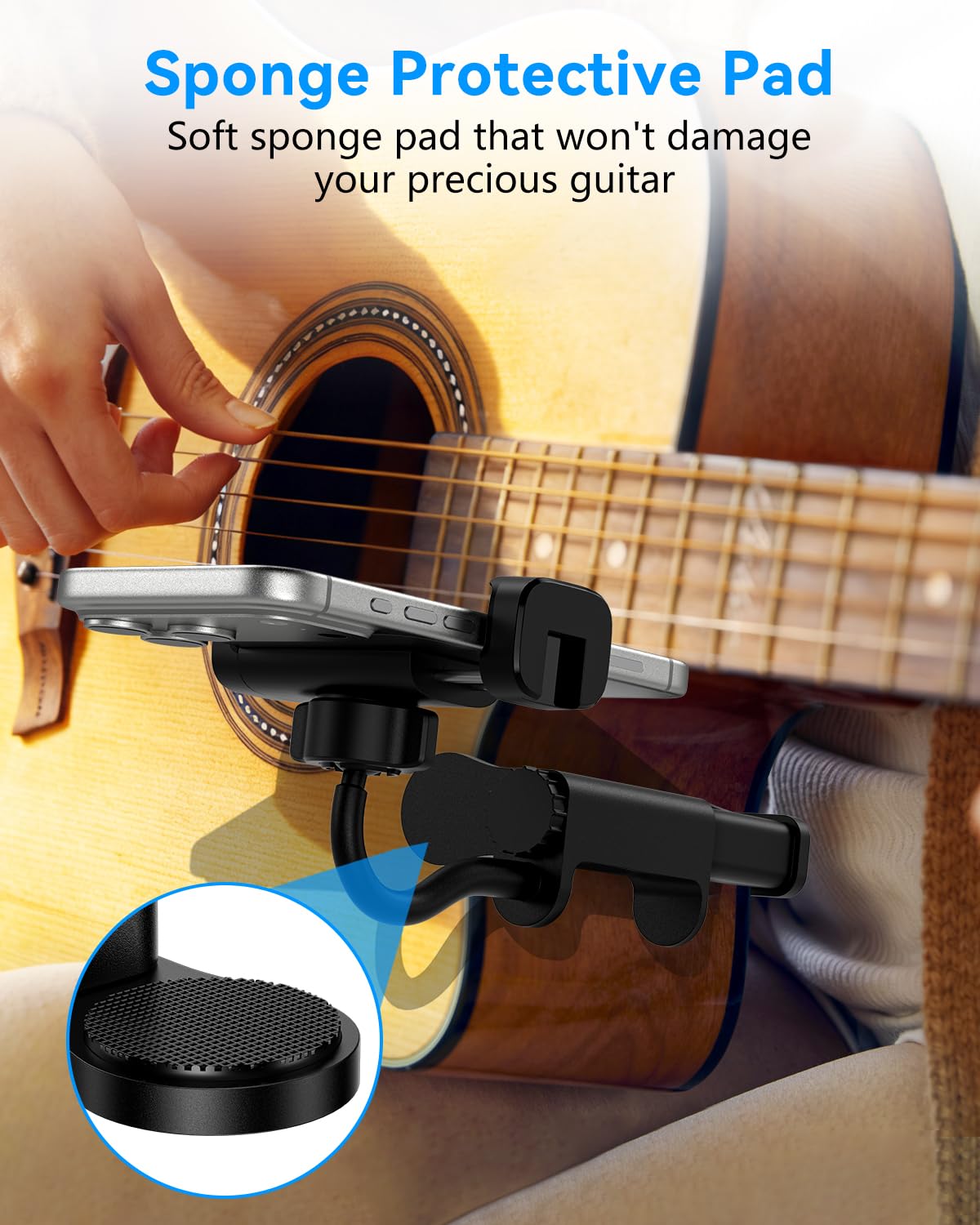 Support de Téléphone pour Guitare- Support Universel pour Smartphone pour Guitare, Basse, Ukulélé, Rotatif à 360° et Réglable, Idéal pour La Diffusion en Direct et l'enseignement en Ligne