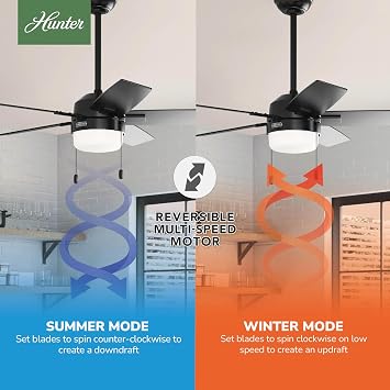 Hunter 44 inch Indoor Ceiling Fan with LED Light - Black Ceiling Fan with Pull Chain, For Bedroom or Living Room, Standard Mount, No Remote, 5 Blades, Includes Bulbs - Anisten 52486, Matte Black | WhisperWind whisper-quiet motor, DuraLight lens, and 3 downrod support bedrooms, offices, and small rooms year-round.
