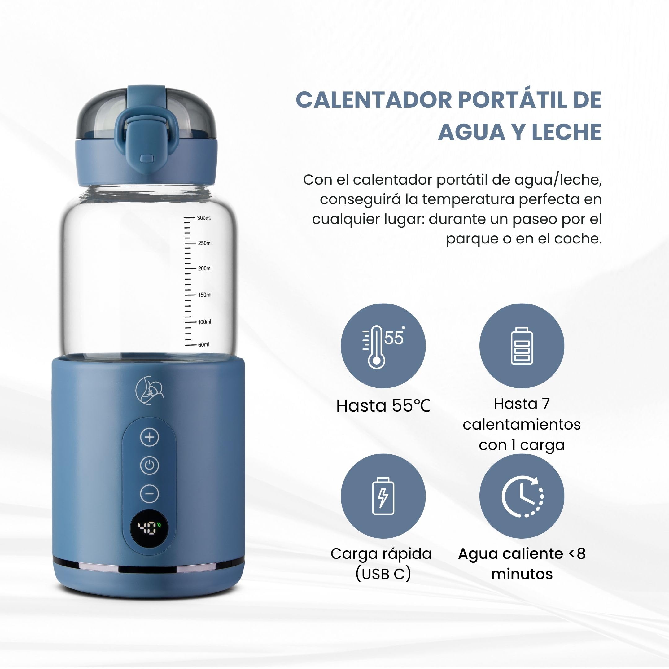 Calentador de Biberones Portátil Para Viajes, Calentamiento Rápido y Control Inteligente de Temperatura, Recargable Por USB (azul)