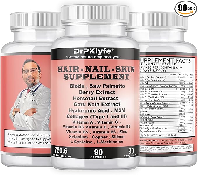 Hair, Nail and Skin Supplement Capsules:Biotin, Collagen, Collagen Peptides, Acid Hyaluronic, Biotin, Vitamin A, C, B5, B6 Saw Palmetto & More - 90 Capsules.