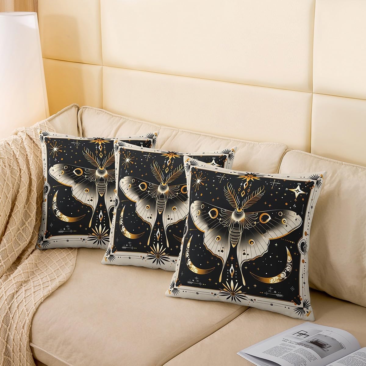 Manfei Dead Moth Pillow Case Covers 2 Pack,Gothic Butterfly Animal Boho Tribal Beige Black Pillow Covers 24"x 24" Soft Square,Exotic Golden Moon Starry Glitter Trippy Decorative Throw Pillow Covers