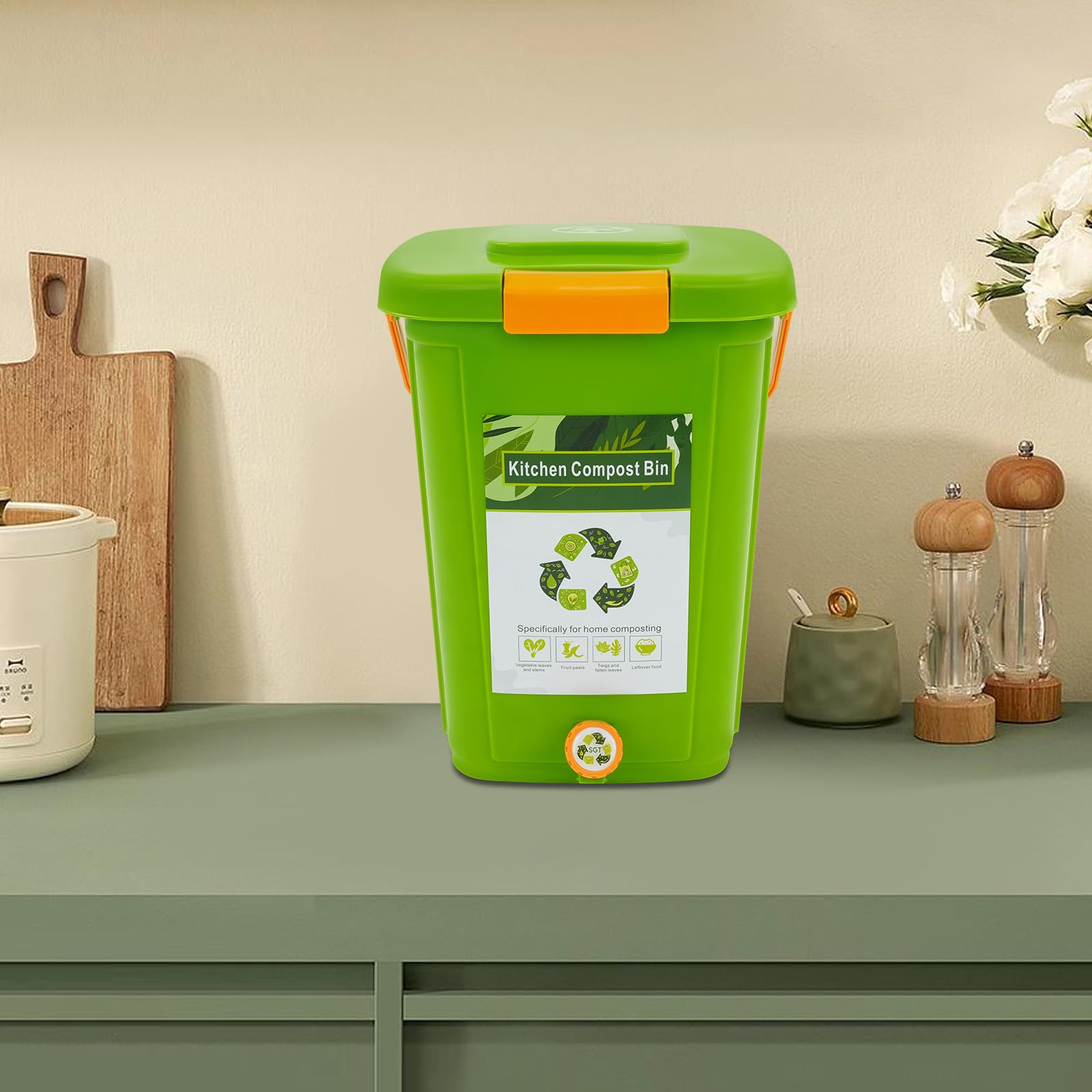 Kosz na odpady organiczne do kuchni, 20 l, kosz na kompost z pokrywką i sitkiem, bezzapachowy, do domu i zrównoważonego rozwoju, zielony