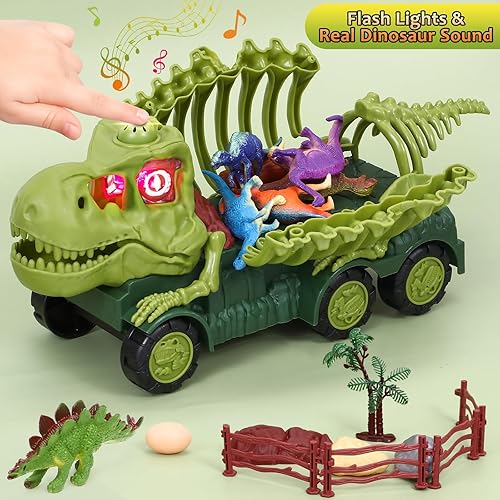 Miniatura 3 de B Bascolor Camión de dinosaurio de juguete para niños de 3 a 5 años, luces y sonidos, camión de transporte de juguetes con 12 figuras de dinosaurio,