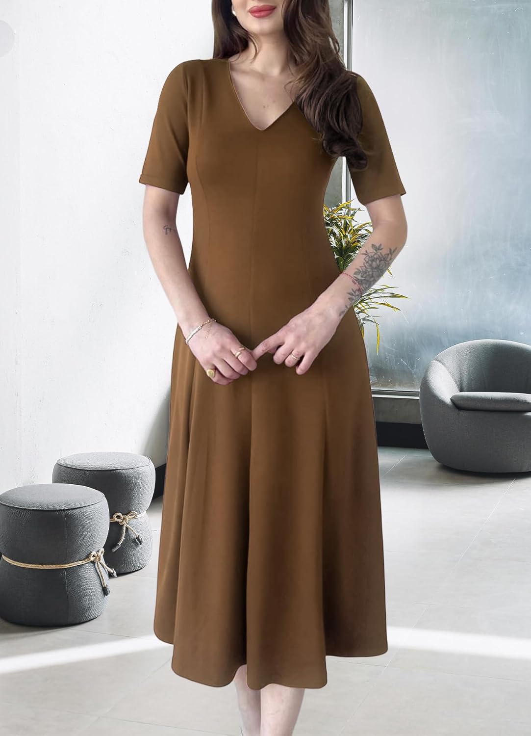 Women’s Elegant V-Neck Midi Dress Short Sleeve Fit and Flare A-Line Business Work Dresses - Image 4