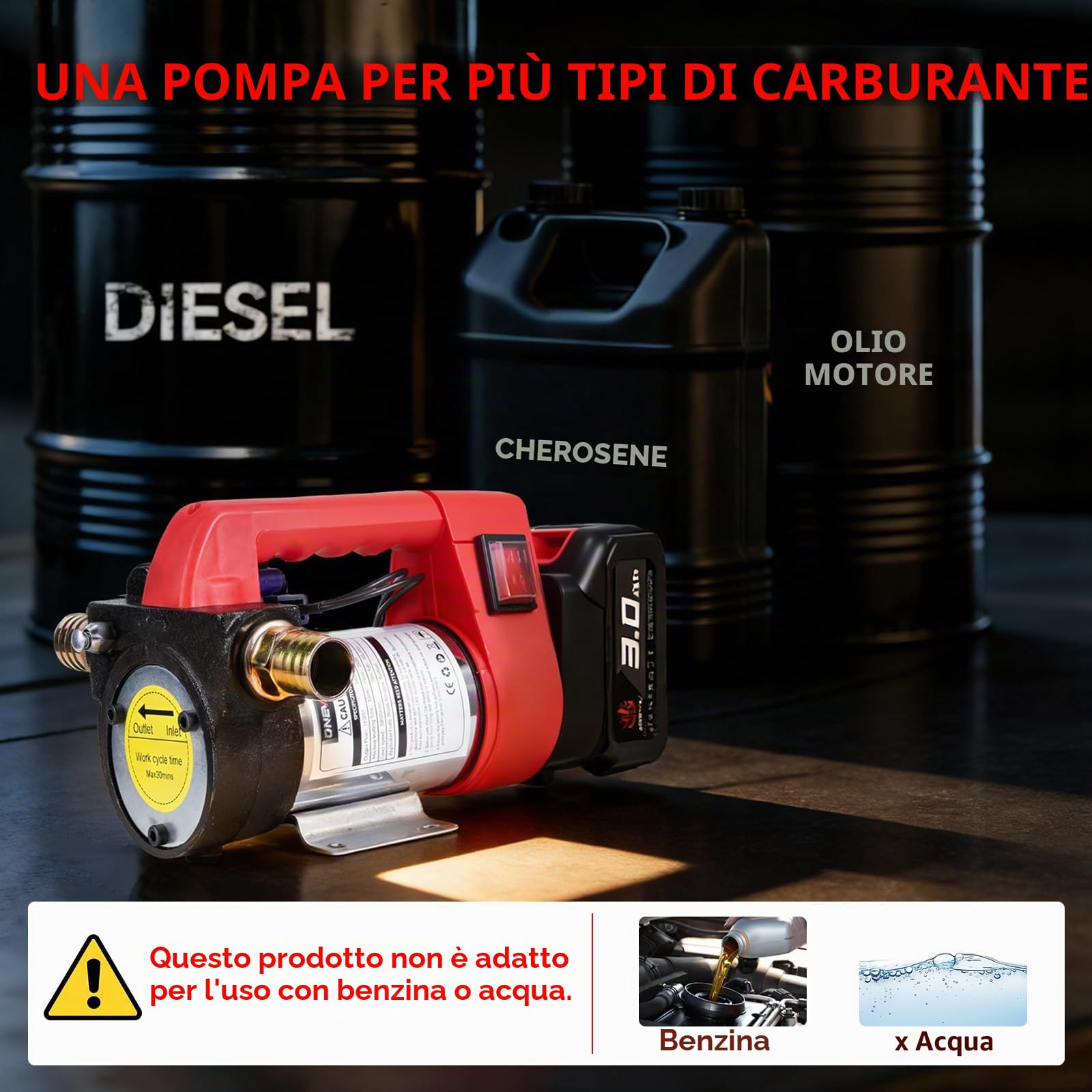 ONEVAN Pompa diesel elettrica 50 l/min, pompa del carburante senza fili e pompa diesel portatile con 2 batterie da 3,0 Ah, per diesel e cherosene (non per acqua/benzina), ideale per trattori, camion