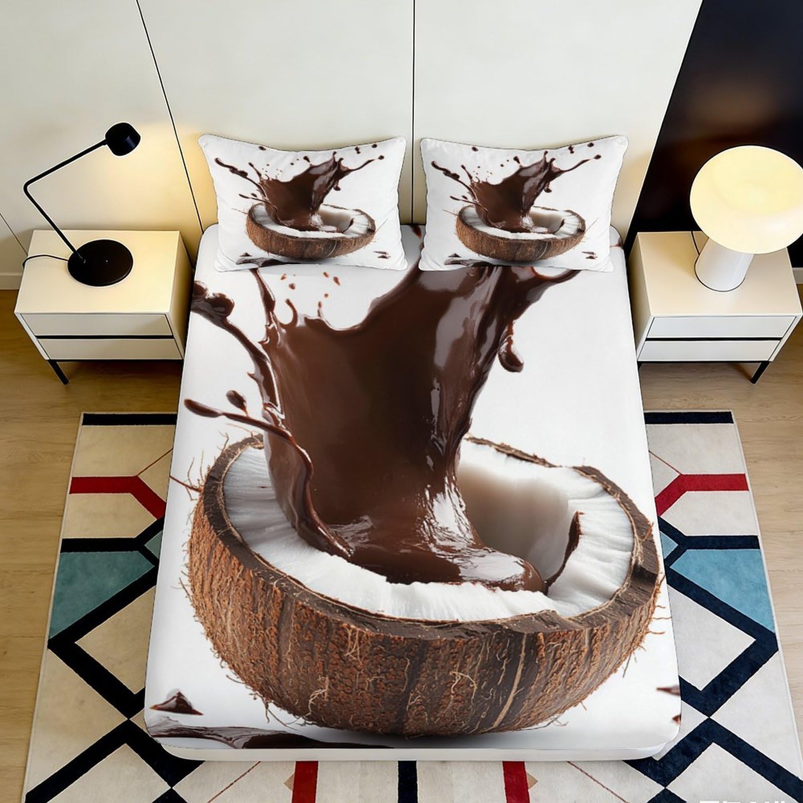 3D Printed Chocolate Splash Fitted Sheet Microfiber Coconut Pattern Bed Cover for Bedroom Decor Mattress Protection 90x200x25cm