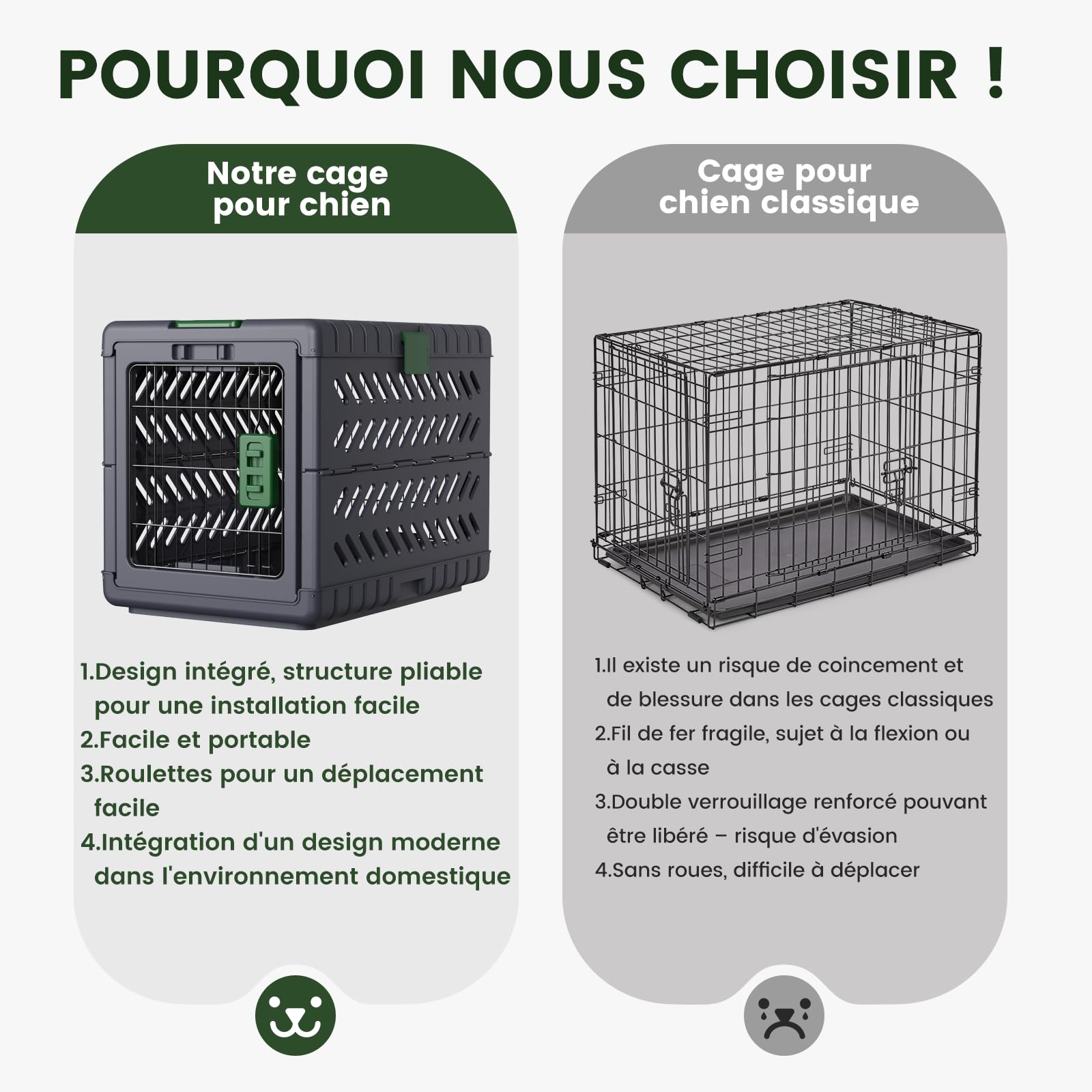 Gardner Pet Cage Portable pour Chiens Moyens Petits Chat 71x46.5x53cm, Cassie Transport pour Chien Pliable sans Outils avec 2 Roues-28 L-Vert
