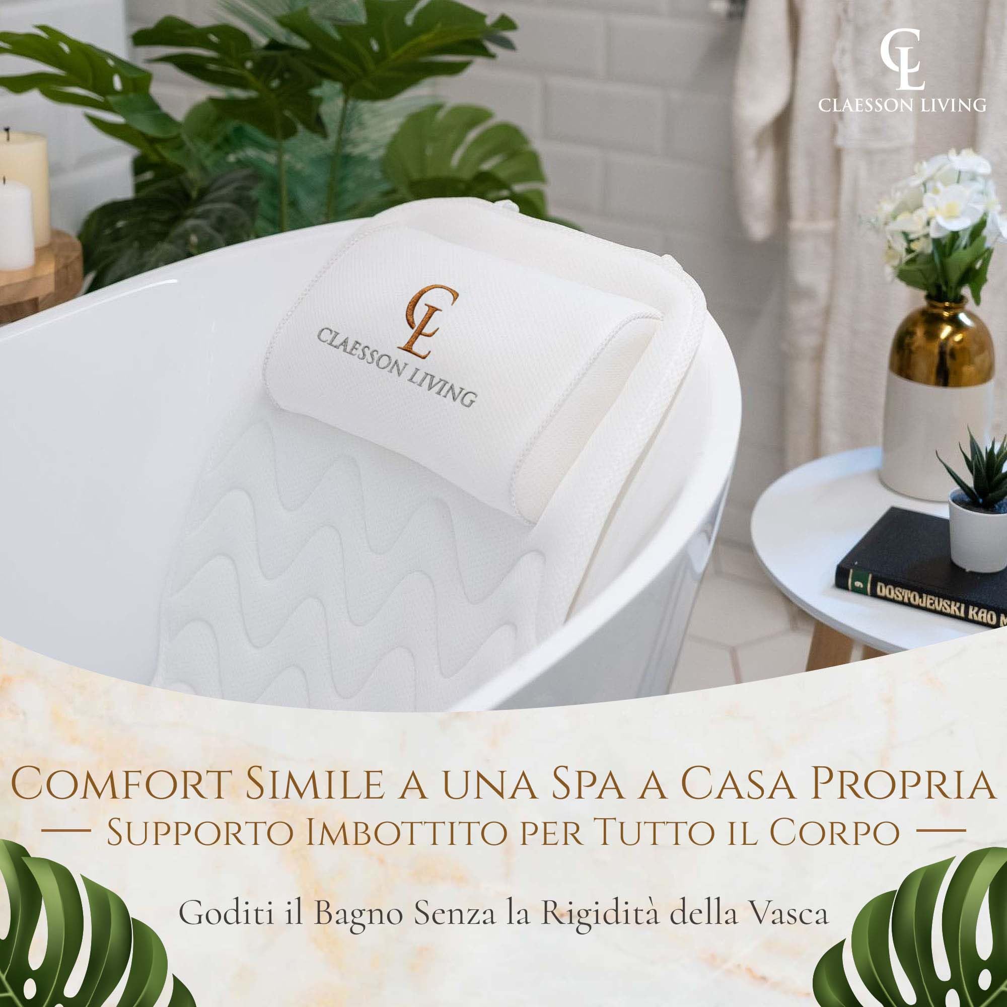 Cuscino Vasca da Bagno per Tutto il Corpo (125x43cm) - Cuscino Bago con ventose e Poggiatesta; Supporta Collo, Schiena e Gambe – Incl. Borse per Lavaggio e da Viaggio e Ganci per Asciugatura - Blanco