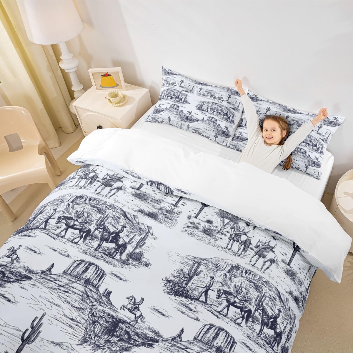 Southwest Desert Duvet Cover Set Full Size,Western Cowboy Bedding Set for Kids Boys Men Adult Room Decor,Rustic Farmhouse Style Comforter Cover Vintage Sketch Navy White Quilt Cover,2 Pillowcases