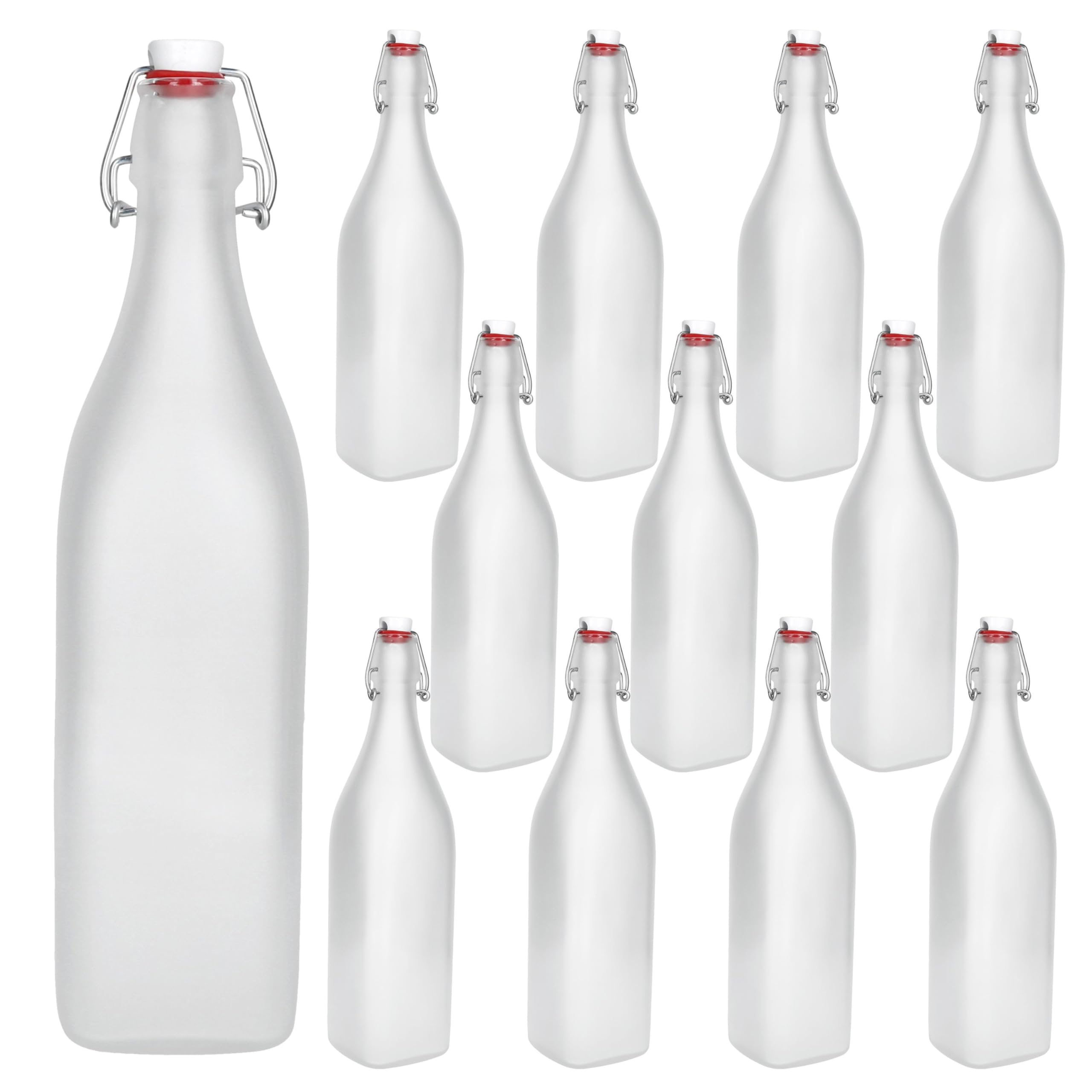 MamboCat 12er Set Vierkant-Bügelflaschen Swing I 1 L I Frozen-Glas | edle Verpackung I Essig & Öl I Trink-Flaschen I Milchglas transluzent