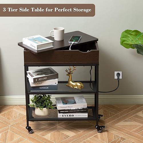 Miniatura 7 de Hadulcet Mesa auxiliar con estación de carga y parte superior giratoria, mesa auxiliar giratoria para sala de estar y dormitorio, mesa auxiliar