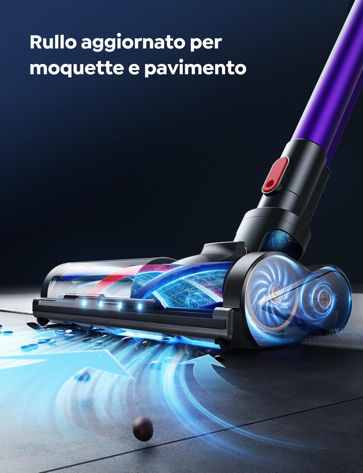 Aspirapolvere Senza Fili 450W/38Kpa, 55Min Batteria Rimovibile,Scopa Elettrica Senza Potente Fili con Rilevazione della Polvere, 1.5L Anti-Avvolgimento Aspirapolvere per Pavimenti Tappeti per Animali.