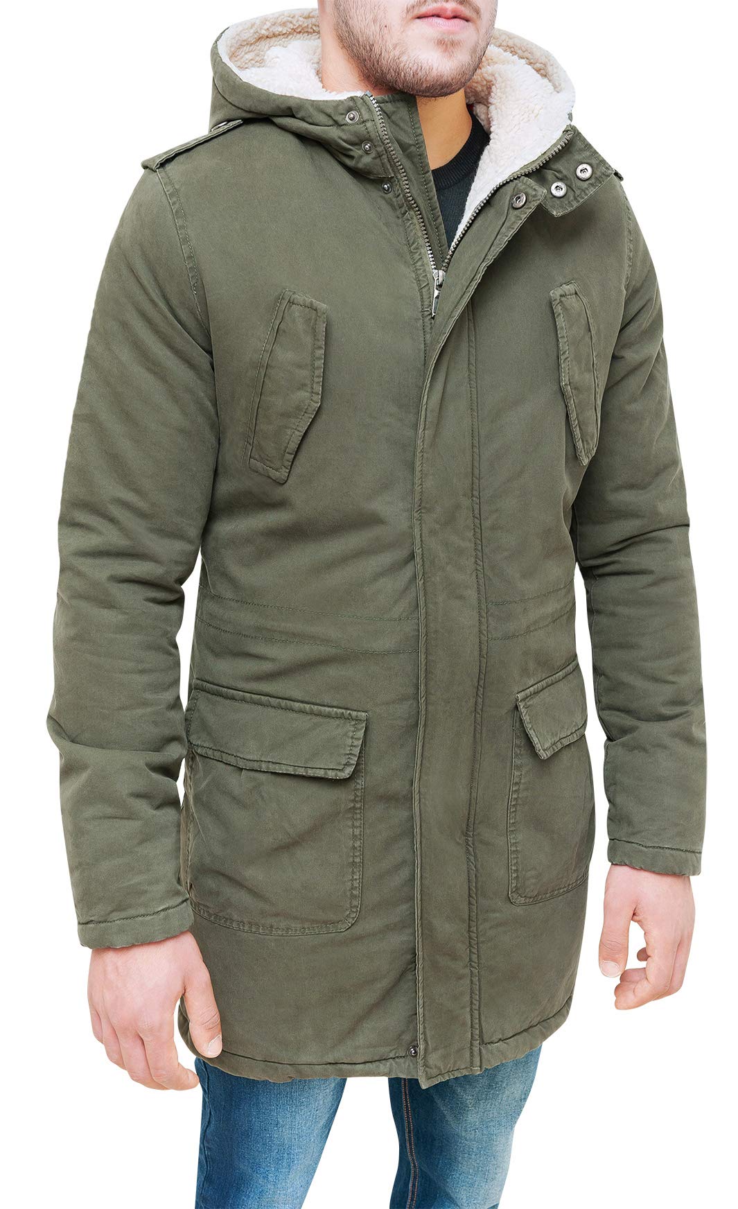 Evoga Giubbotto Parka uomo verde militare casual giaccone eskimo invernale con pelliccia