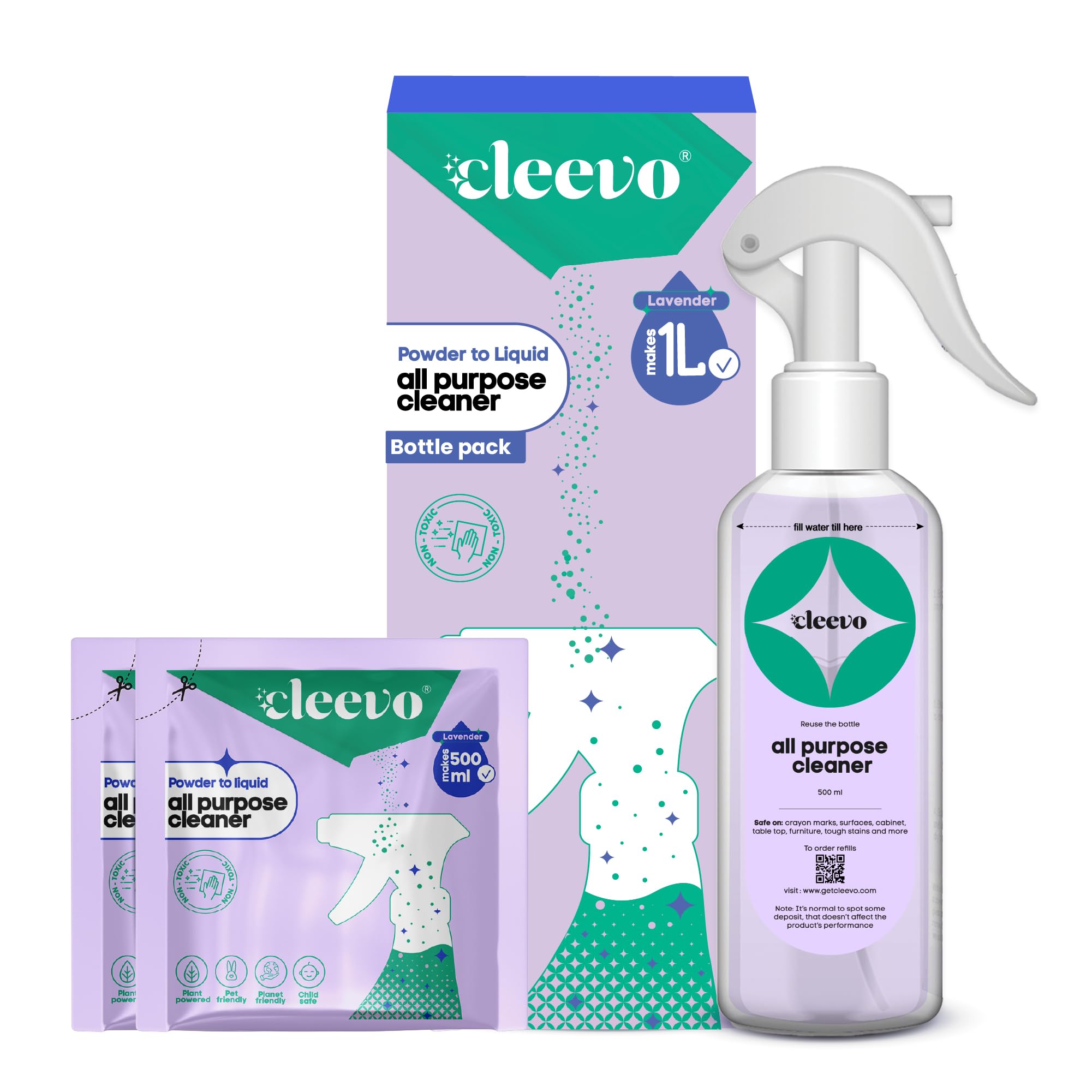 Cleevo All- Surface Cleaner- 1 Litre Bottle Pack | Plant-based Powerful Surface Cleaning Liquid for Tough Stains | Non-toxic Stain Remover for Home Surfaces Cleaning | Multi Surface Cleaner (Lavender)