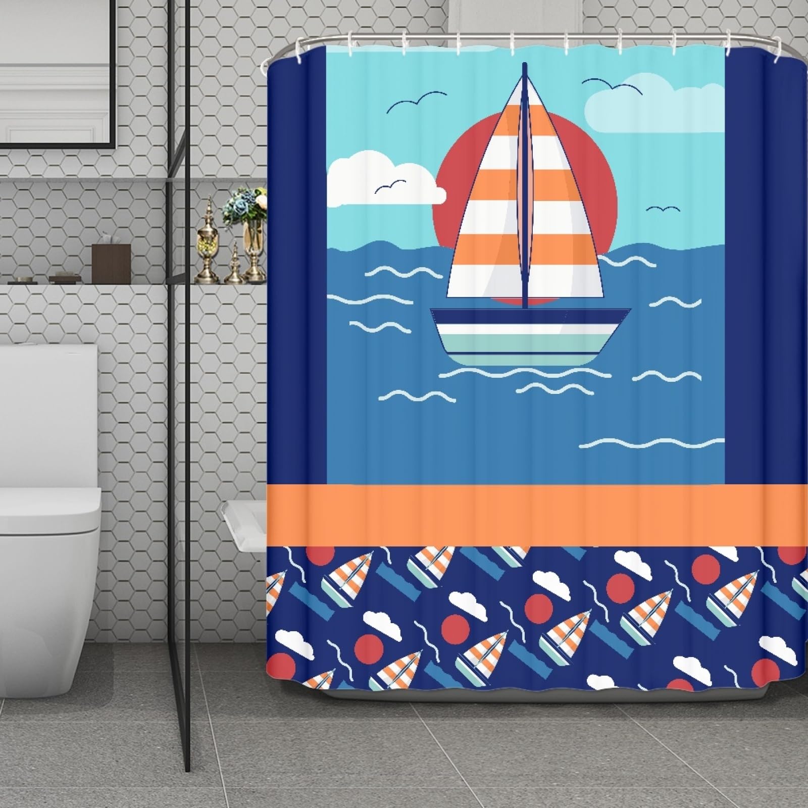 Rideau douche tissu polyester lavable 180x220 baignoire motif bateau