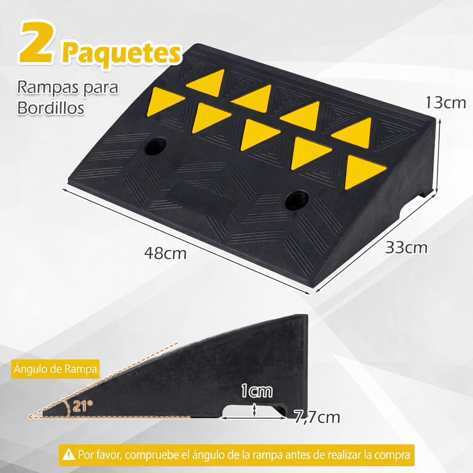 COSTWAY Juego de 2 Rampas para Coche, Rampas de Goma para Silla de Reudas con Marcas Amarillas Luminosas, Bordillos Antideslizantes para Calzadas, Aceras, Motos, Carga de 15 T (48 x 33 x 13 cm)