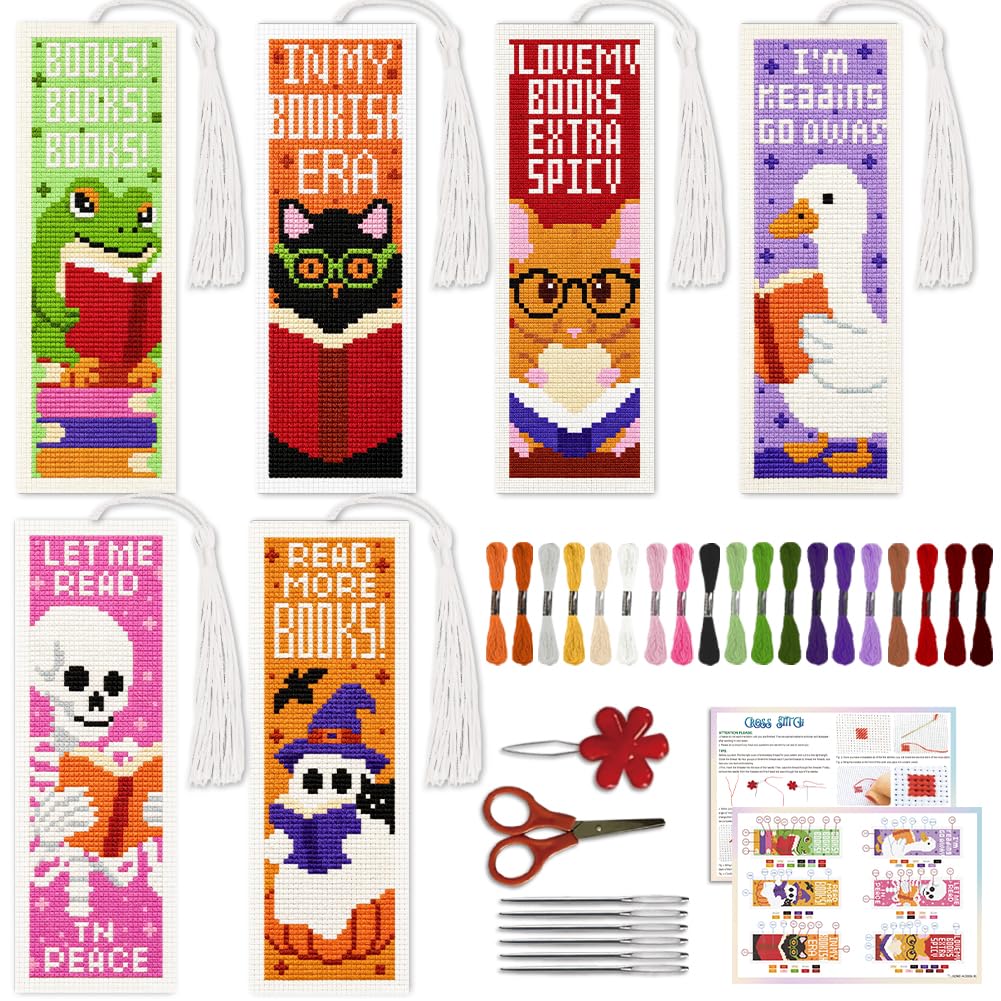 ACRNIGHEET 6PCS Cross Stitch Bookmark Kit for Beginner(Funny Reading)