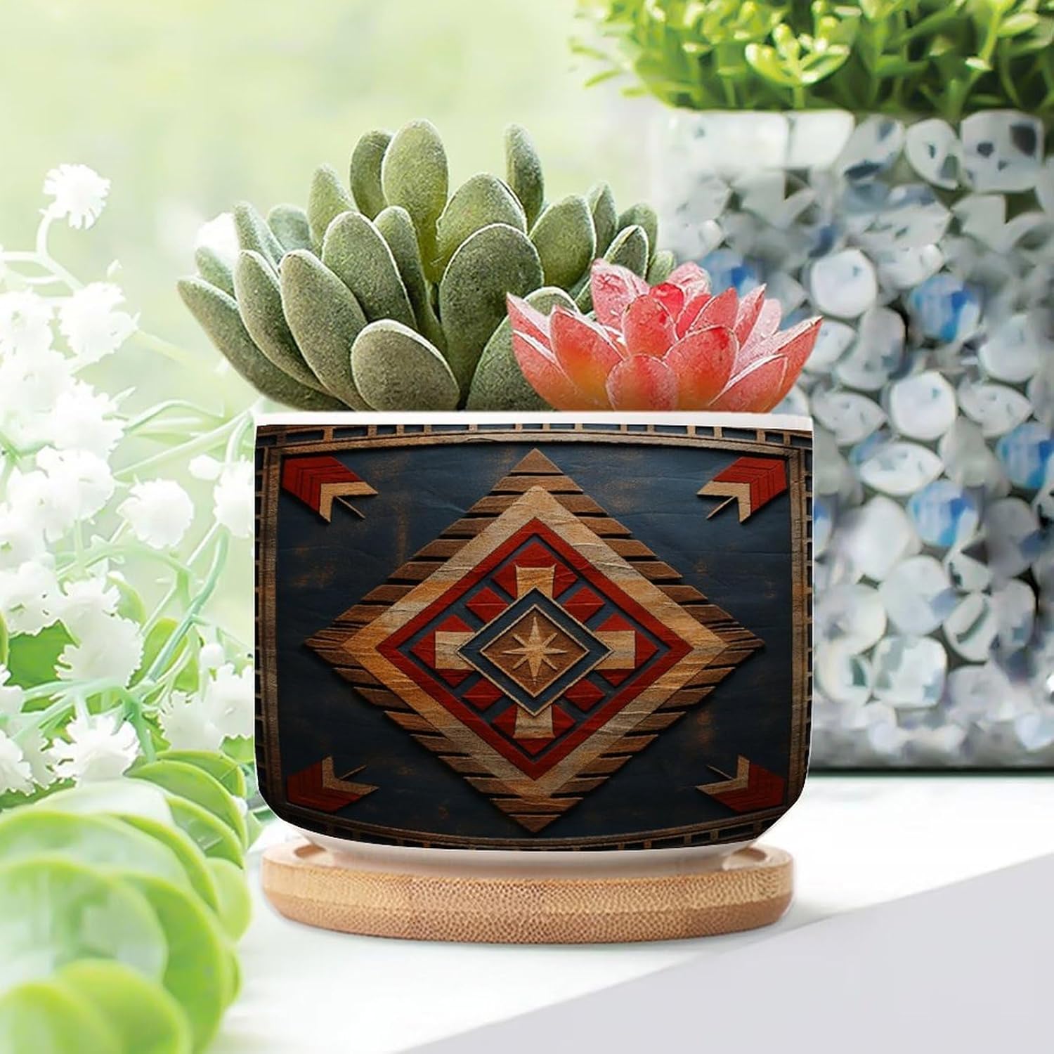 Elegant Aztecs Print Ethnic Small Planters Ceramics Set of 3 American Native Southwestern Ceramics Planters for Indoor Plants with Drainage Holes Chinoiserie Chic Flower Pot Planter