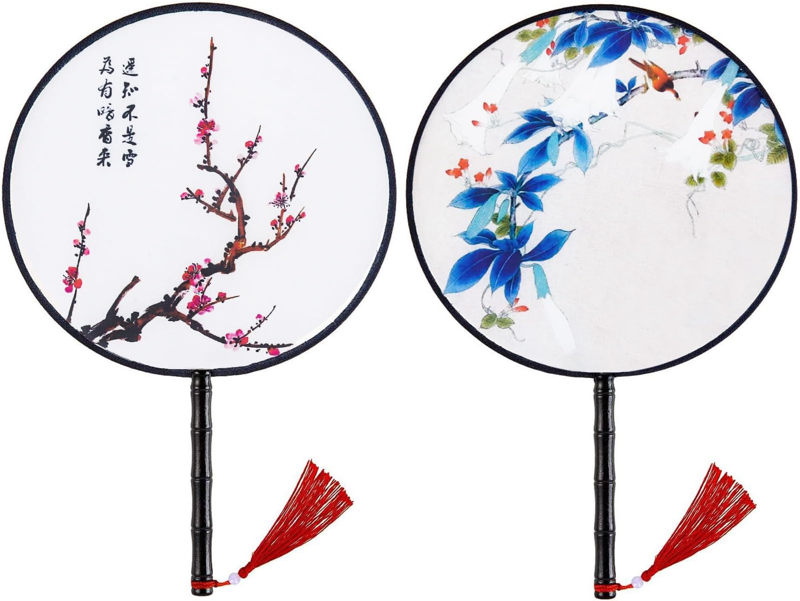 Whaline 2 Pack Chinese Round Hand Fans Translucent Silk Hand Held Fans Vintage Double-Sided Pattern Pink Blue Traditional Palace Paddle Dance Fan for Wedding Favor Gift Home Decor
