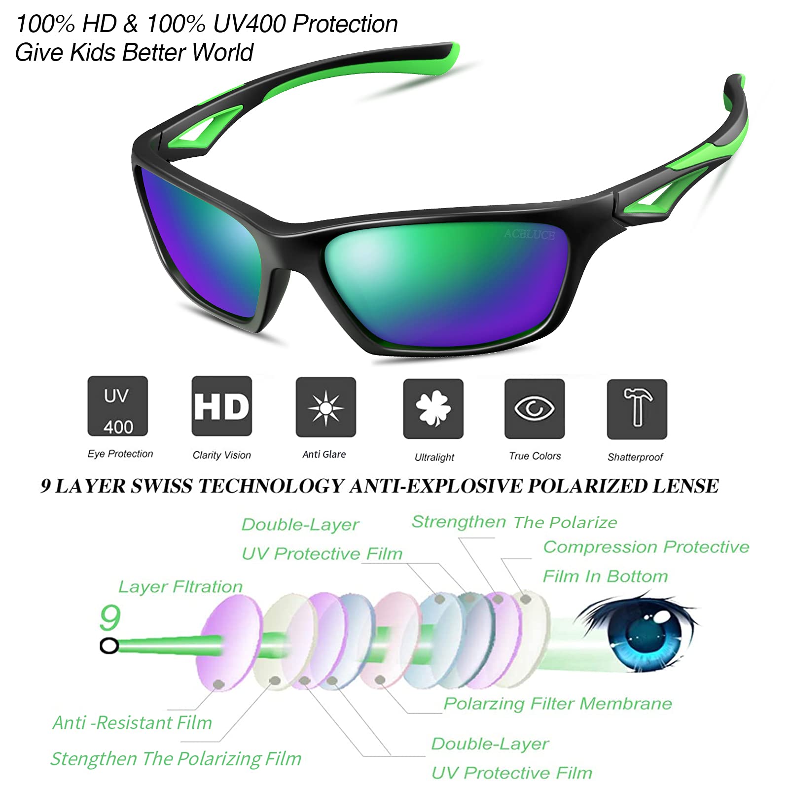Gafas de sol para niños TPEE irrompibles polarizadas con correa ajustable para niños y niñas de 3 a 7 años, Marco negro/verde|lente Revo verde.