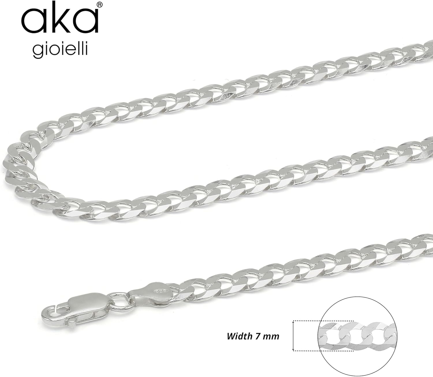 Aka Gioielli - Italian 925 Sterling Silver 7mm Curb Cuban Link Chain - Solid Sterling Silver Necklace for Men and Women - Made in Italy - Image 2