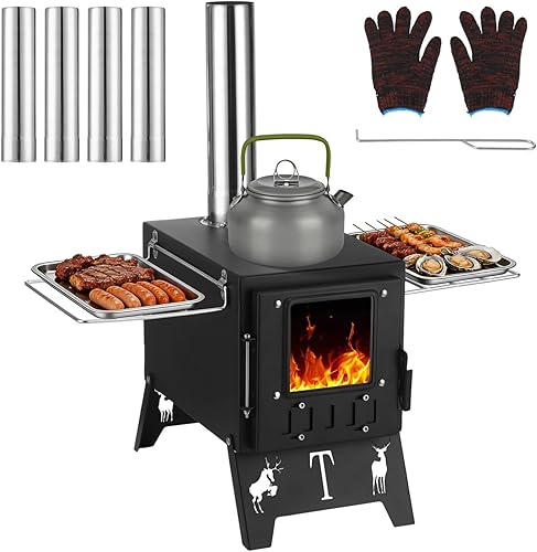 Estufa de acero para tienda de campaña caliente, estufa de leña portátil con caja de combustión grande, cubierta superior desmontable para cocinar,