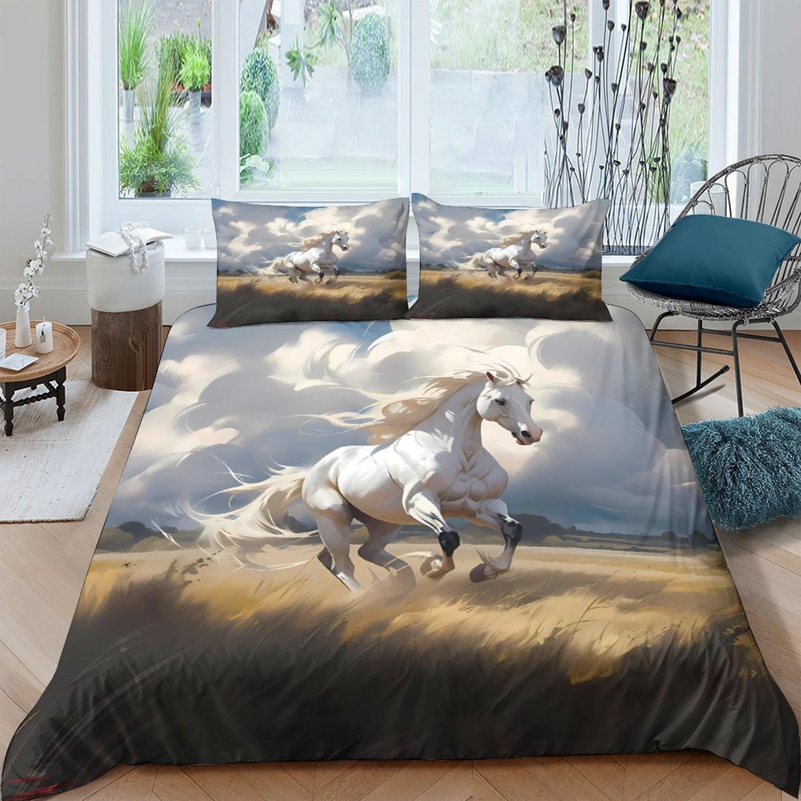 Ctjqhvkz Style-2 3D Printed Galloping White Horse Fitted Sheet Microfiber Soft Breathable Sunset Meadow Bed Cover For Bedroom Guestroom Single（135X200cm）