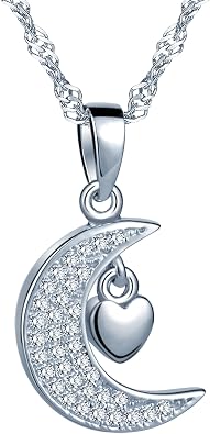 Infinite U Womens 925 Sterling Silver Cubic Zirconia Moon and Heart Pendant Necklace, Silver