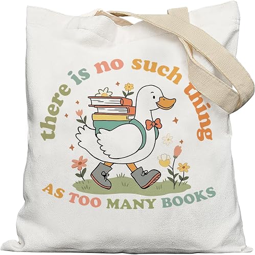 Funny Goose Bookish Tote Bag, Reading Lovers Gifts Canvas Tote Bags, Reader Librarian Gifts for Women, Cute Goose Bookworm Reusable Grocery Shopping Bags