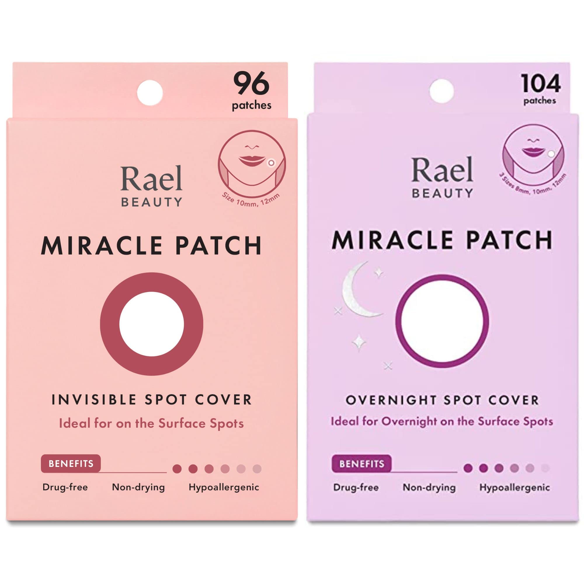 Rael Anti Pickel Patch Tag & Nacht Set- Korean Skincare, Pimple Patches für das Gesicht, Vegan & Tierversuchsfrei / Unsichtbar Patch (96 Stück, 2 Größen) & Über Nacht Patch (104 Stück, 3 Größen)