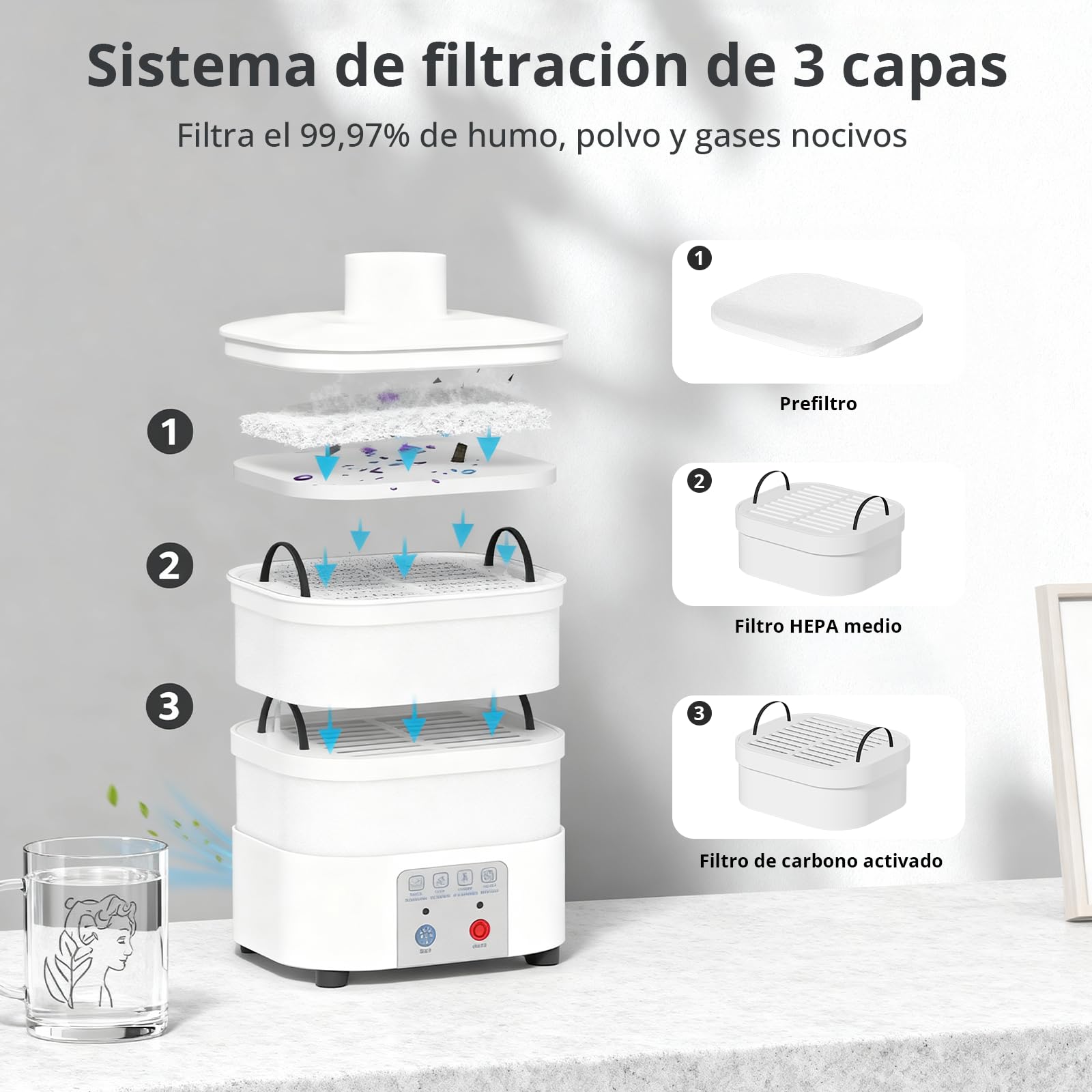 P50 50W Aspiradora de humo de soldadura, 128 m³/h Fuerte aspiración Elimina el olor y el humo con sistema de filtro de 3 capas, Portátil, silencioso, Limpiador de humo, Adecuado para máquinas