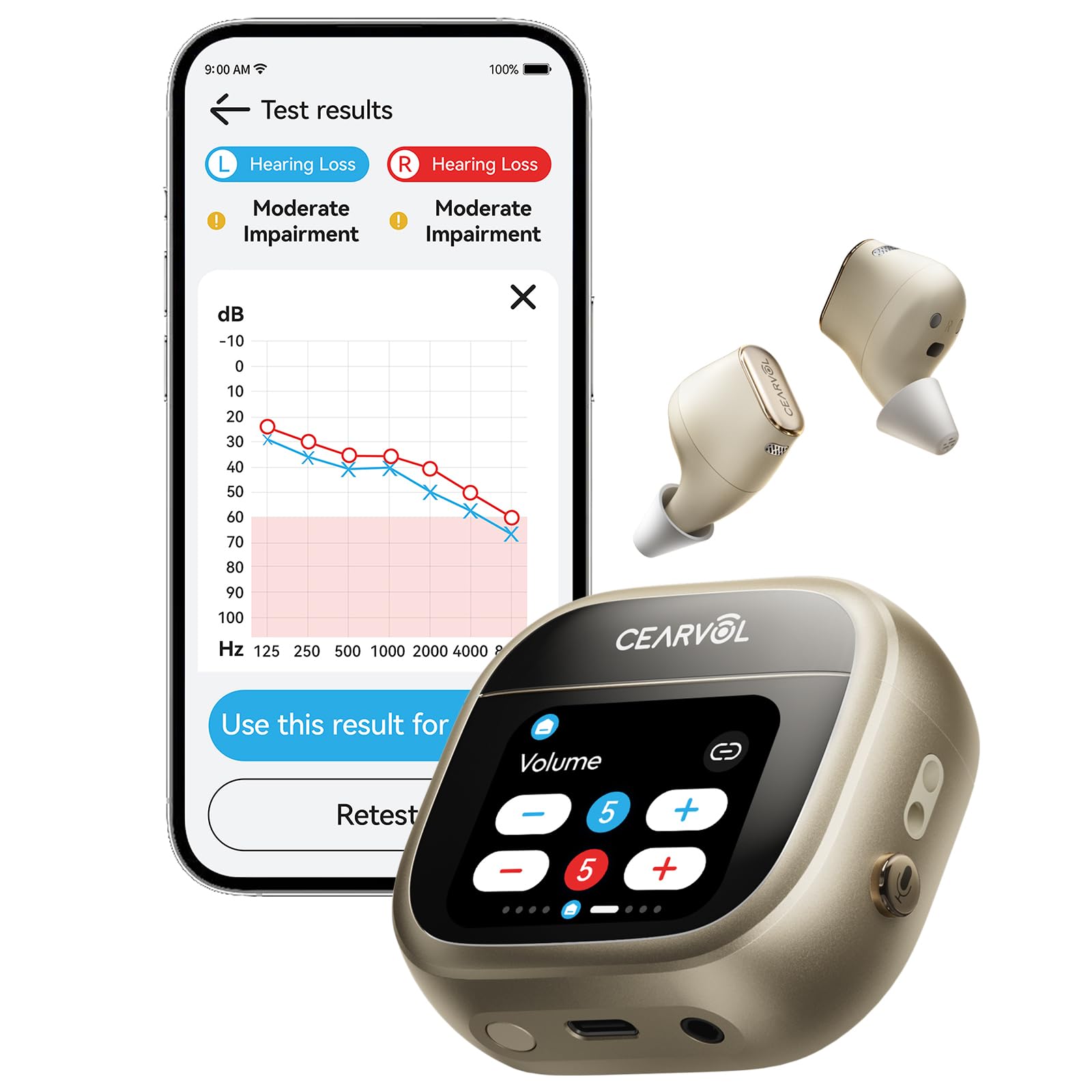 Wave OTC Hearing Aids with Bluetooth - Easy Touchscreen Control, Rechargeable, Mild to Moderate Severe Hearing Loss for Seniors & Adults (Starlight)
