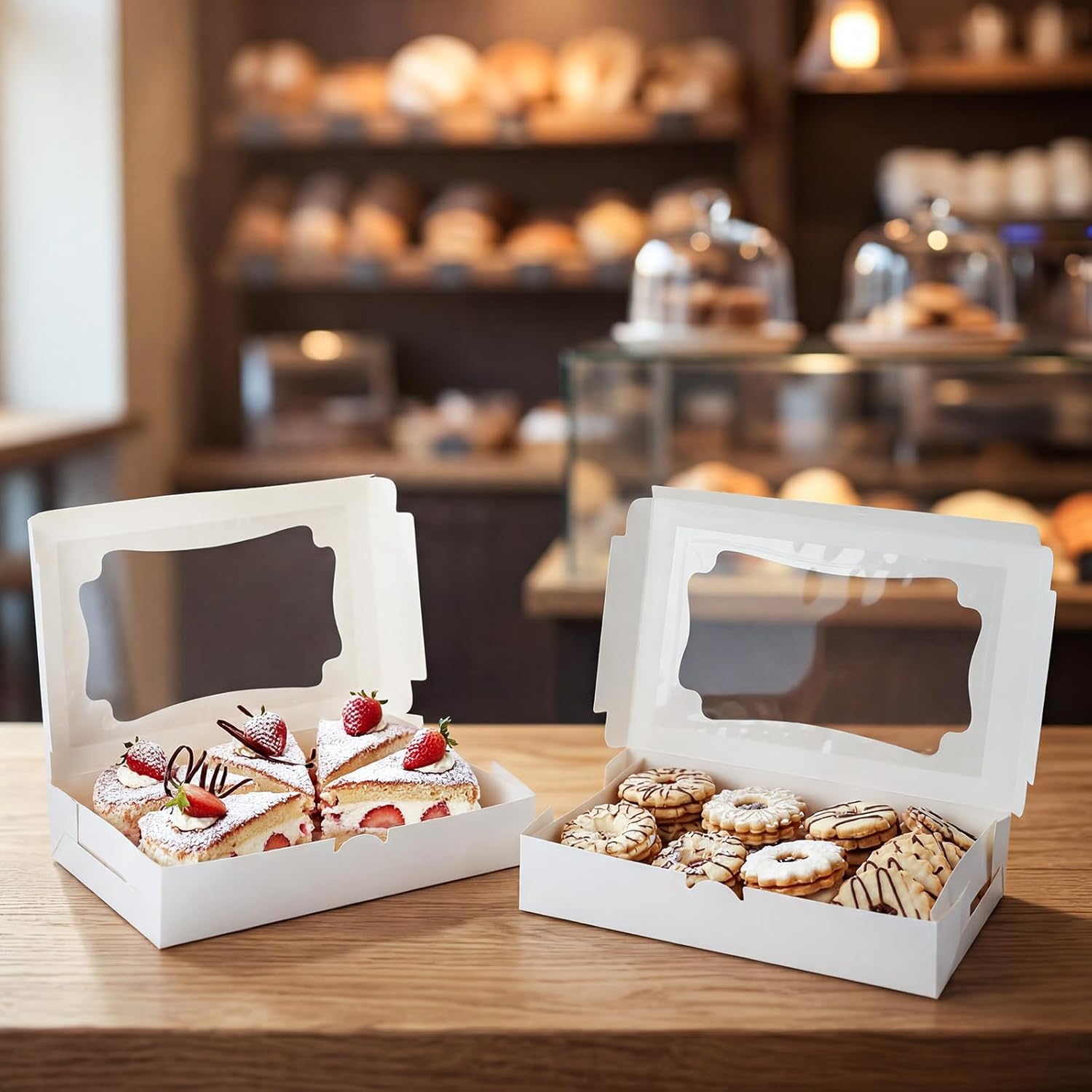 Eaasty 100 Pcs Bakery Boxes 12 x 8 x 2.5 Inch Rectangle Cookies Boxes with Windows for Pastry Baking, Cupcakes, Donuts, Dessert, Chocolate, Mini Pie Treat Packaging