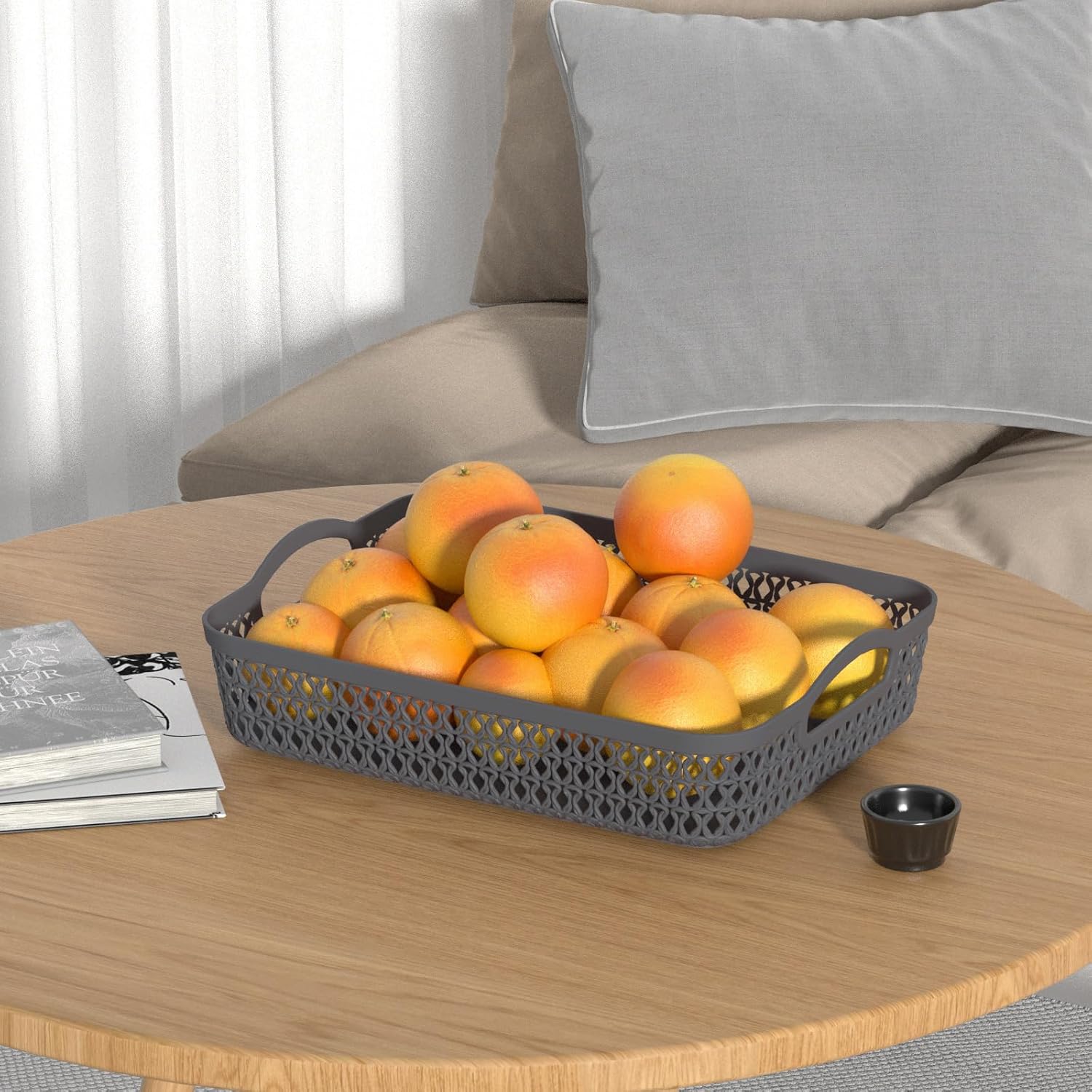 Kekow Plastic Storage Tray Basket with Handle, Set of 6, 13.22" x 10.23" x 2.95", Gray