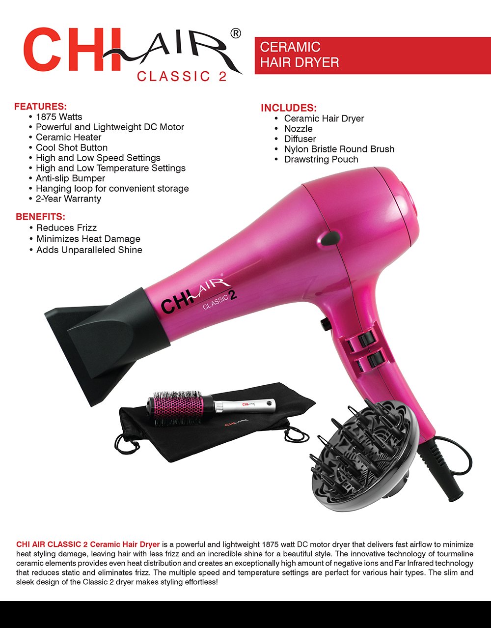 CHI Classic 2 Ceramic Hair Dryer with Travel Bag and Round Brush