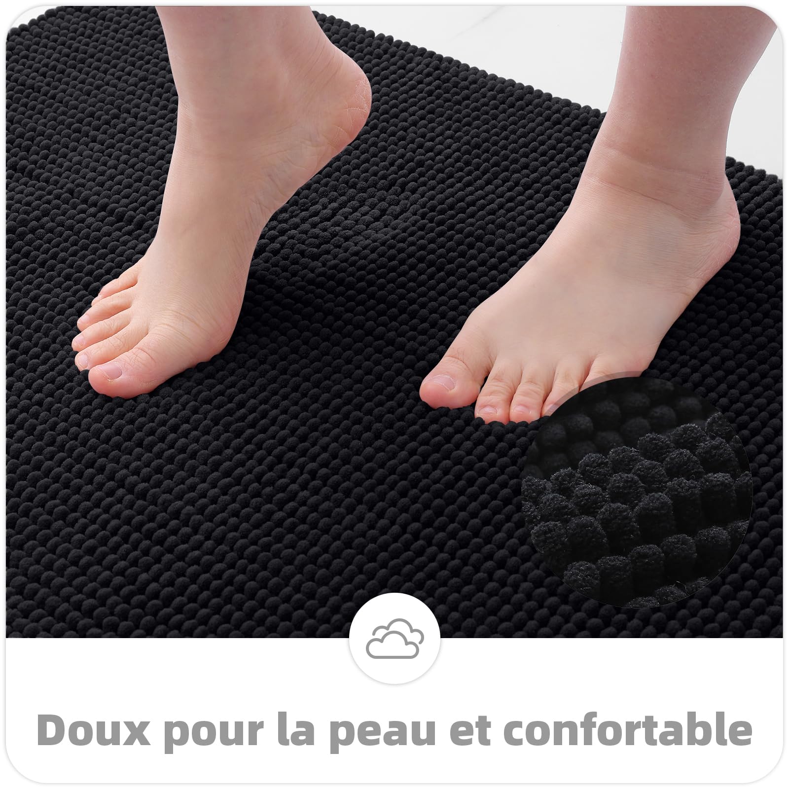 OLANLY Tapis de bain en chenille antidérapant 60 x 120 cm noir