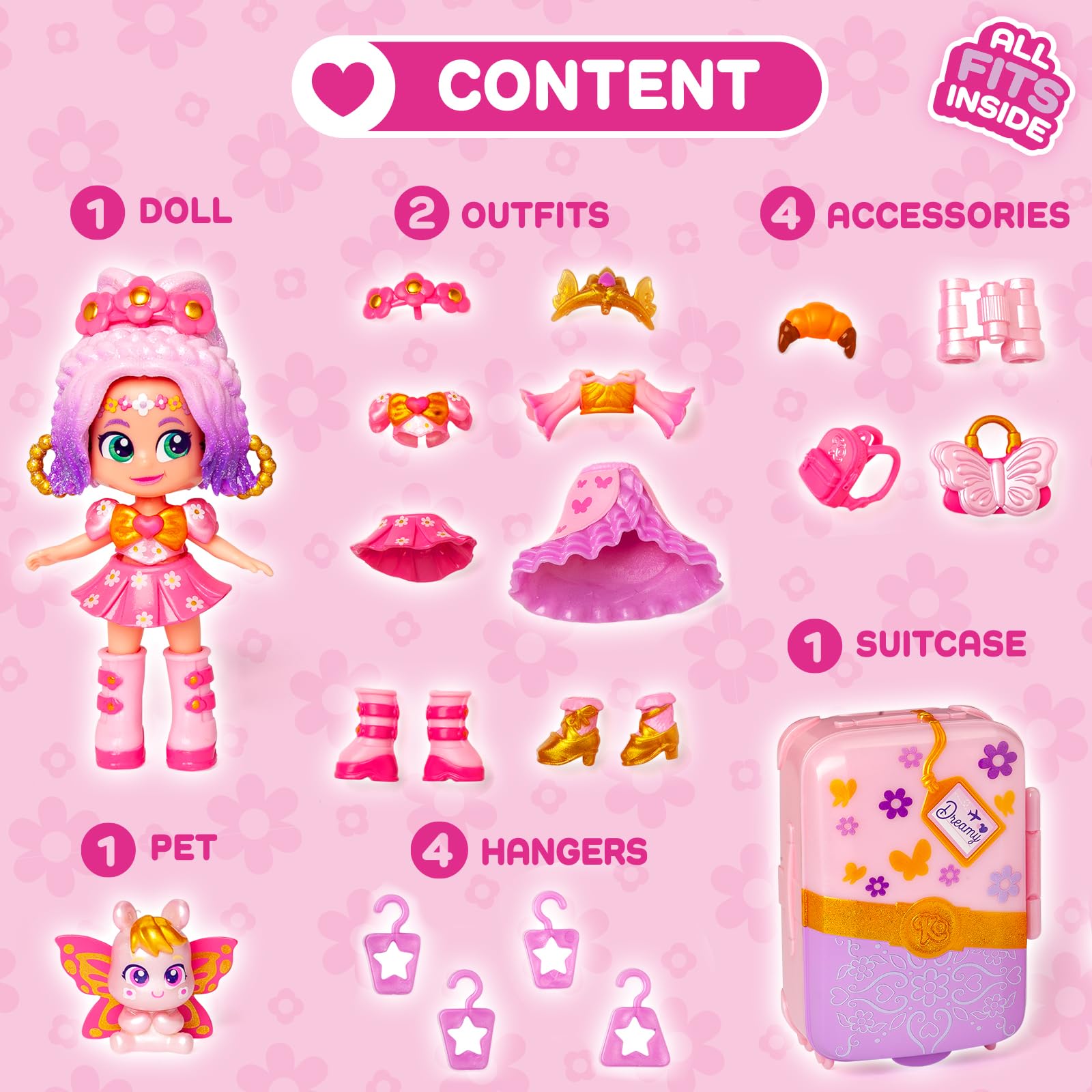KOOKYLOOS SUITCASE DREAMY BLOSSOM – zestaw modna laleczka z walizką i akcesoriami,zawartość:1 laleczka, 2 stroje, zwierzątko, akcesoria, wieszaki oraz walizka, w której zmieścisz cały zestaw.