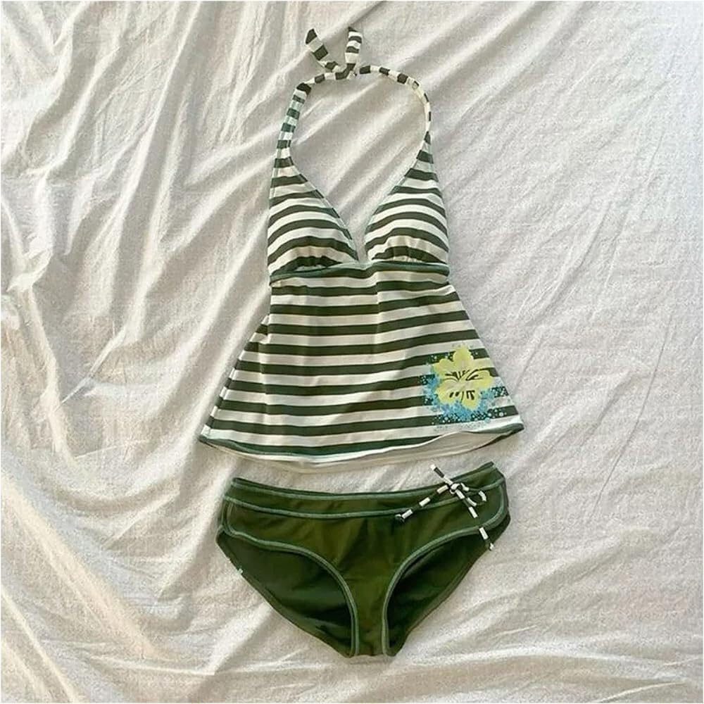 Damski vintage letni uroczy strój kąpielowy tankini Y2k kwiatowy lato 2-częściowy zestaw bikini plażowe w paski