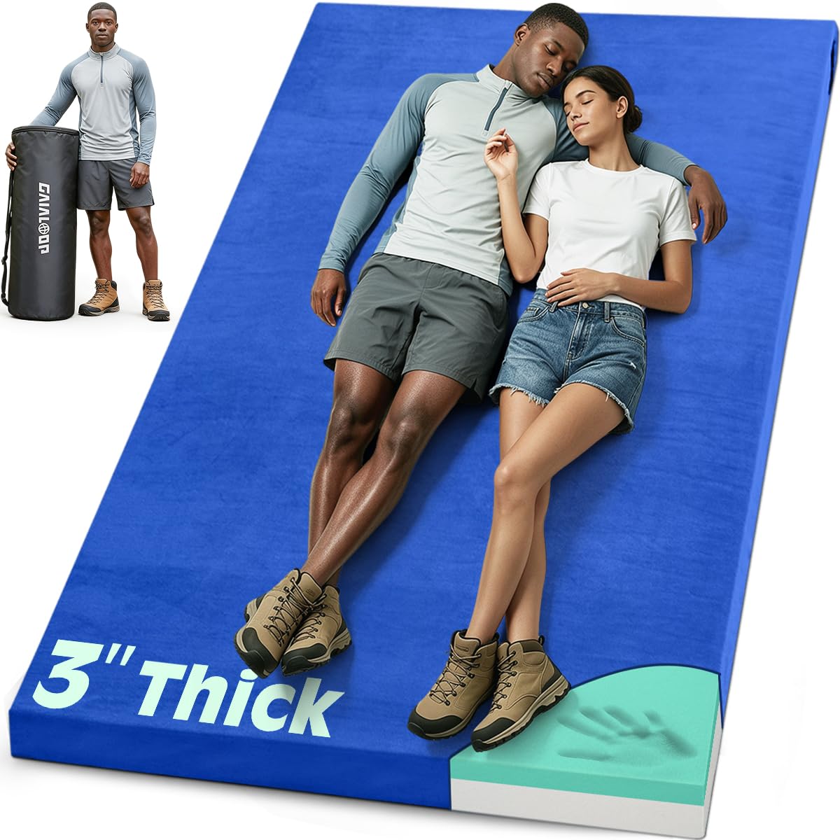 Memory Foam Camping Mattress, 3 Inch Sleeping Pad, Full, Lapis Blue