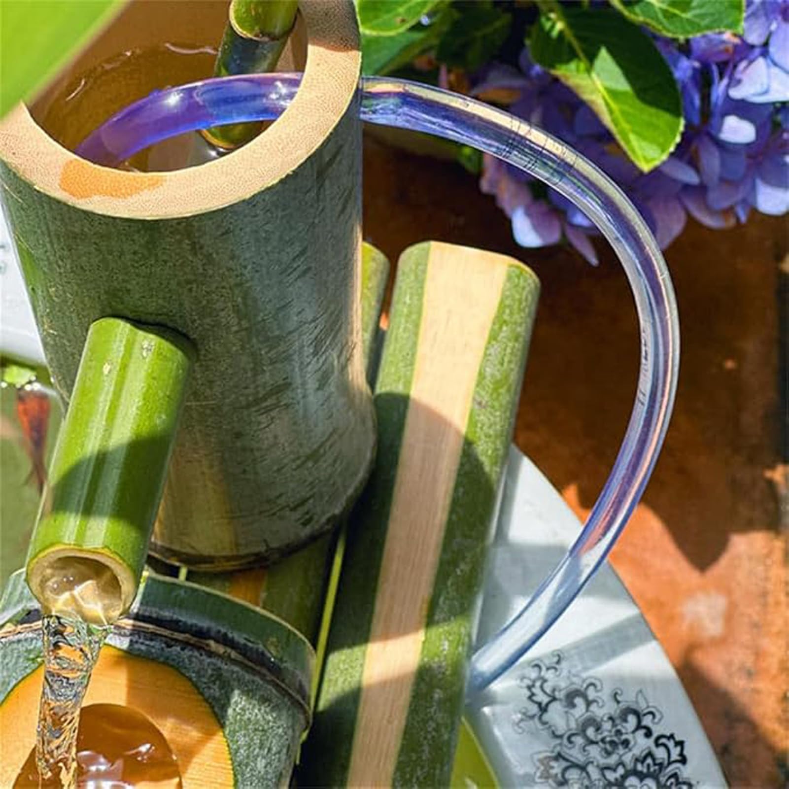 Kit Fontana in bambù Naturale, Elemento d'Acqua autoportante con Pompa Solare, Fontana da Giardino Zen, Decorazione acquatica per Esterni, con Ruota idraulica, per laghetto e Acquario.