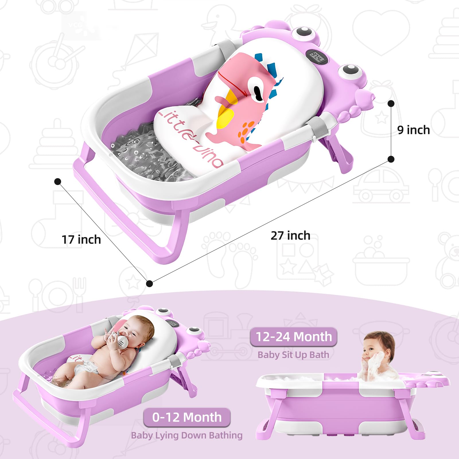 Bañera plegable para bebés y niños pequeños con monitor de temperatura en tiempo real + cojín flotante, juego de bañera plegable para bebés de 0 a 36 meses, bañera de viaje portátil para recién