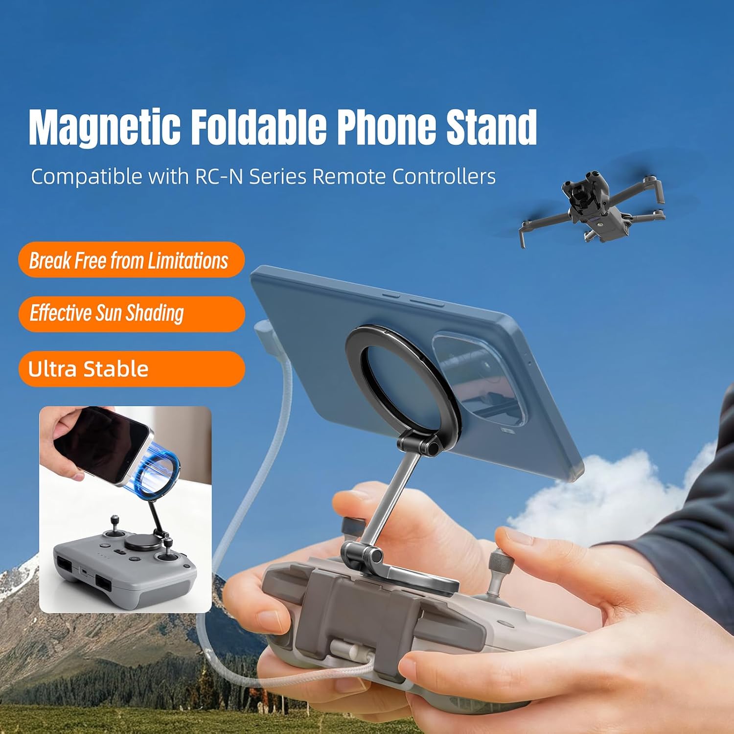CAPART Adjustable Magnetic Phone Stand for DJI RC-N1/N2/N3, Foldable Magnetic Phone Holder CNC Aluminum Alloy, for DJI Neo 2/ Mini 4K/ Mini 5 Pro/ 4 Pro/ 3/ Air 3S/Avata 2 Remote Controller