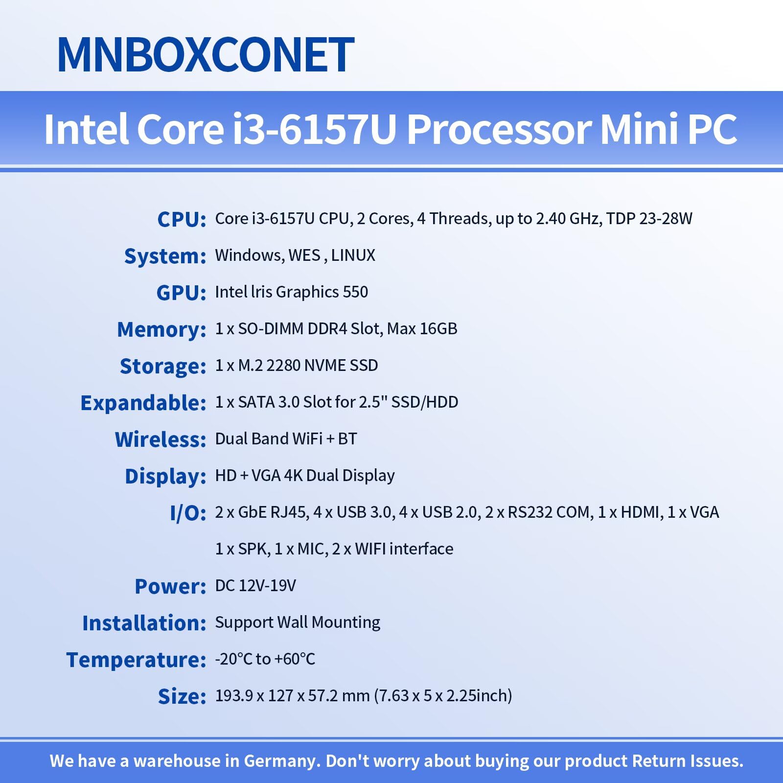 Mini PC Fanless Industrial Core i3 6157U, Micro Computer Hardware 8GB RAM 128GB SSD, 2x RS232 COM, 2 x RJ45 Gb LAN, Wifi5/BT4.2, Win11 Pro Embedded Box